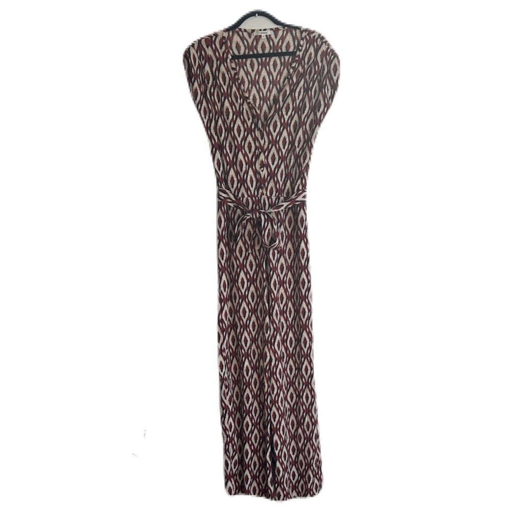Brown & Cream Printed V-Neck Maxi Dress with Waist Tie